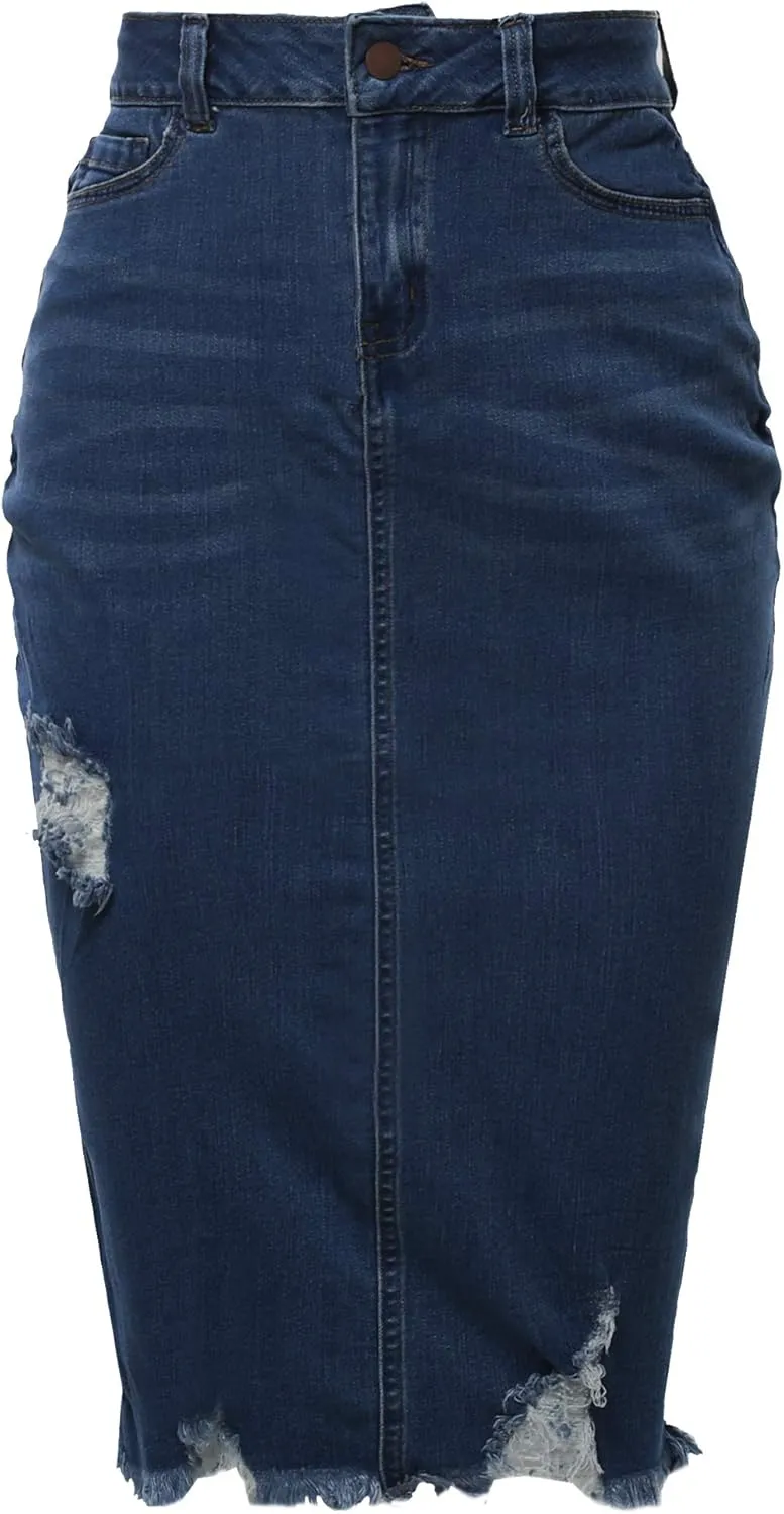 A2Y Women's Slim Fit Rayon Knee Length Unhem Back Slit Denim Jean Pencil Skirt