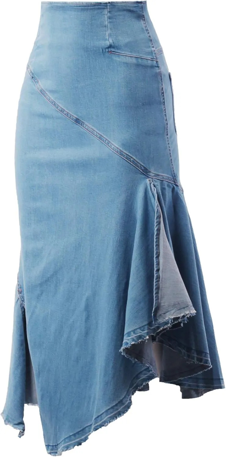 A2Y Women's Slim Fit Rayon Knee Length Unhem Back Slit Denim Jean Pencil Skirt