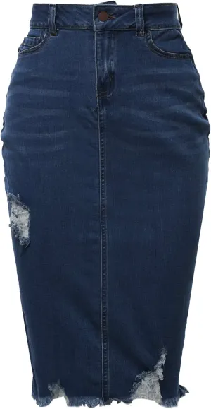 A2Y Women's Slim Fit Rayon Knee Length Unhem Back Slit Denim Jean Pencil Skirt