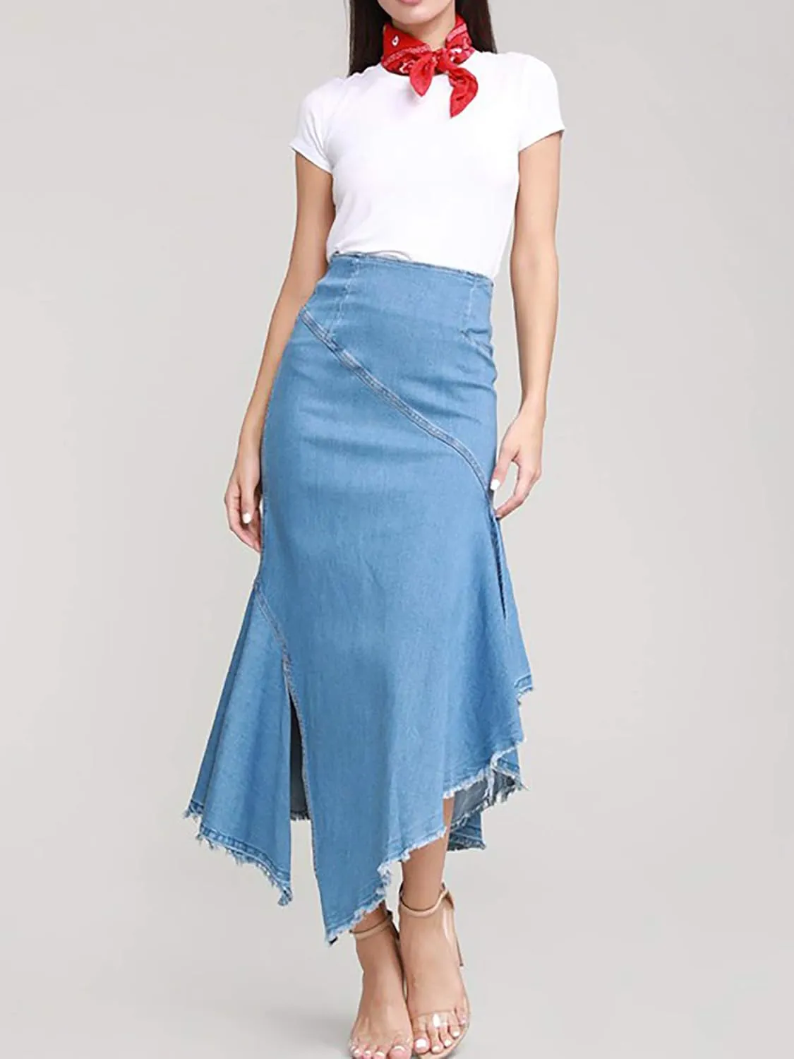 A2Y Women's Slim Fit Rayon Knee Length Unhem Back Slit Denim Jean Pencil Skirt