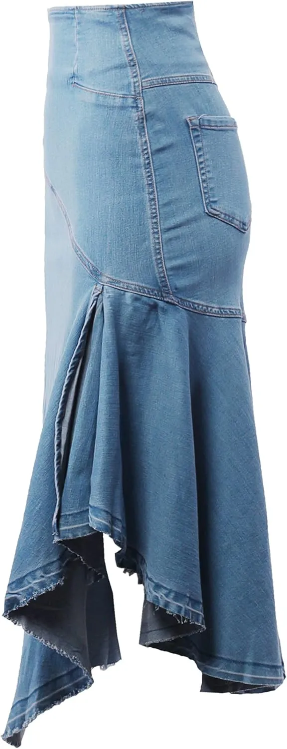 A2Y Women's Slim Fit Rayon Knee Length Unhem Back Slit Denim Jean Pencil Skirt