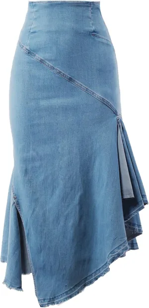A2Y Women's Slim Fit Rayon Knee Length Unhem Back Slit Denim Jean Pencil Skirt