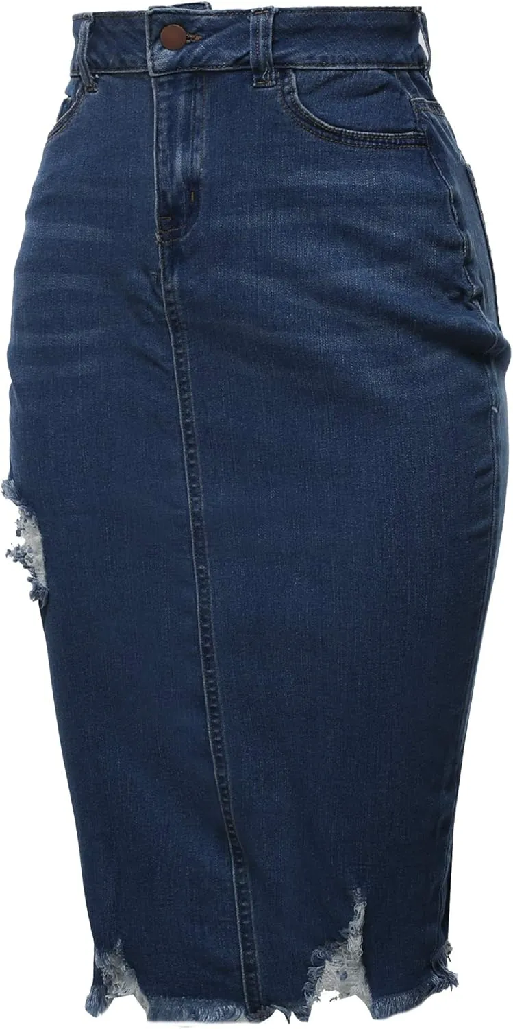 A2Y Women's Slim Fit Rayon Knee Length Unhem Back Slit Denim Jean Pencil Skirt