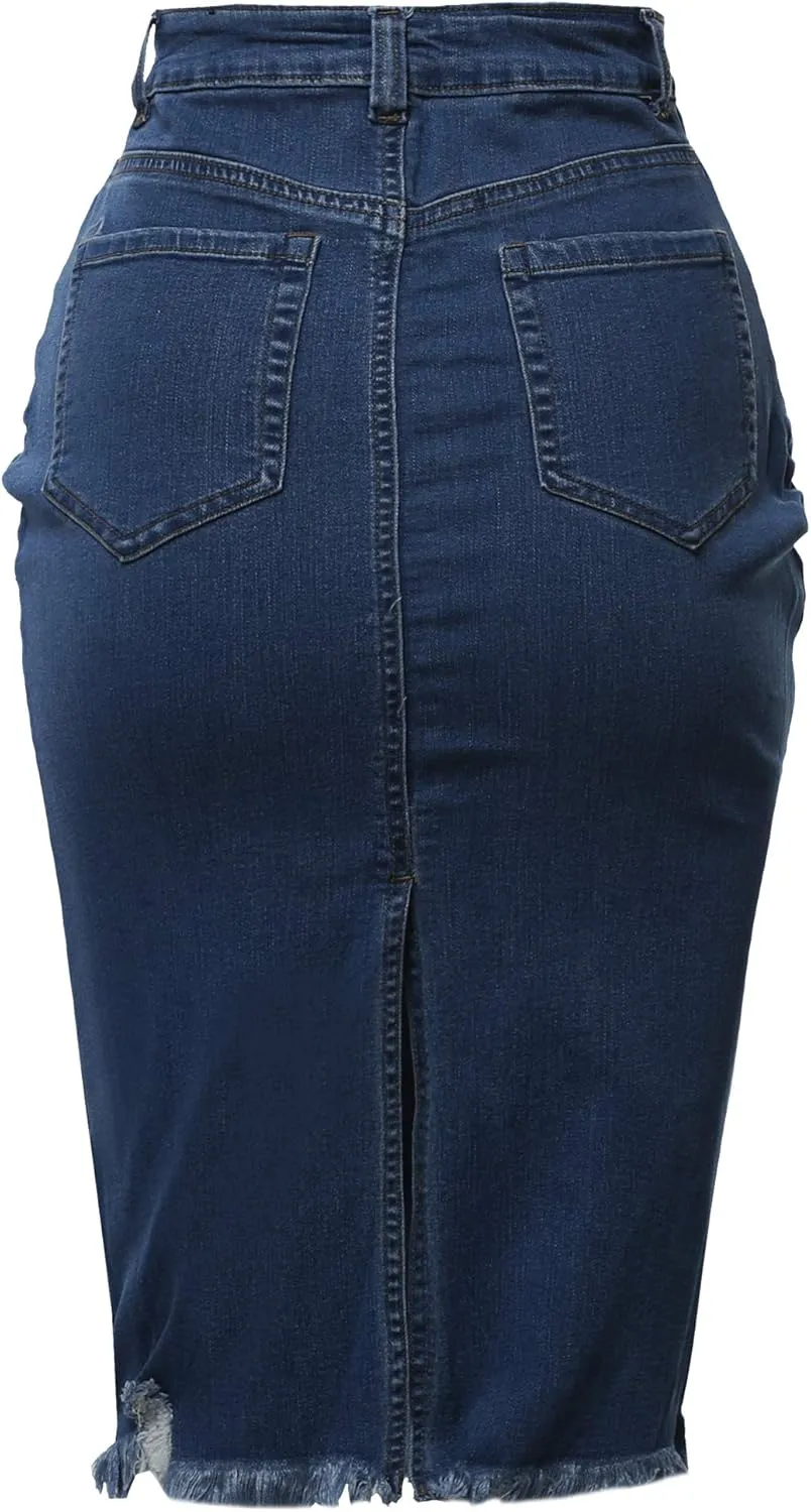 A2Y Women's Slim Fit Rayon Knee Length Unhem Back Slit Denim Jean Pencil Skirt