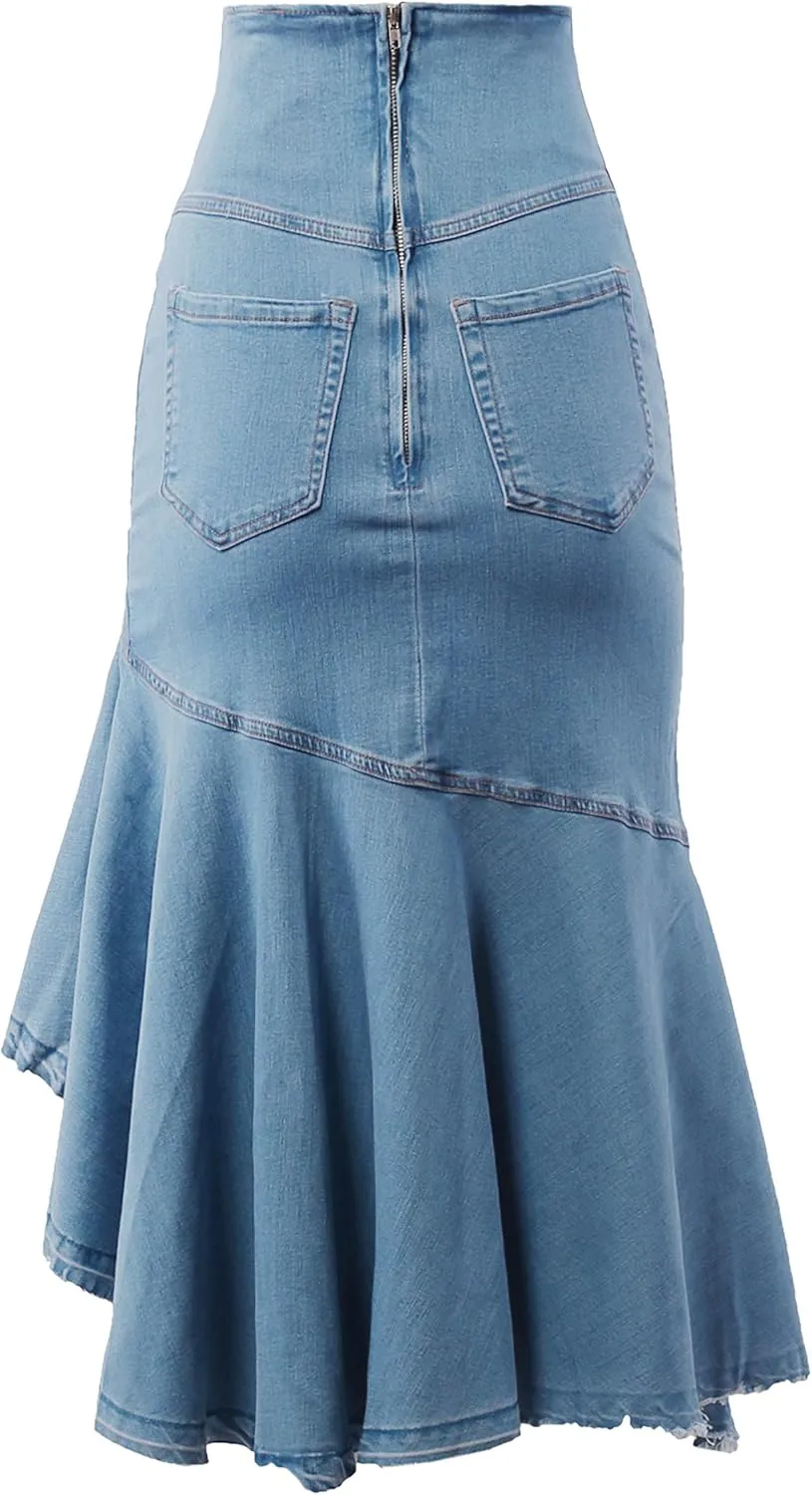 A2Y Women's Slim Fit Rayon Knee Length Unhem Back Slit Denim Jean Pencil Skirt