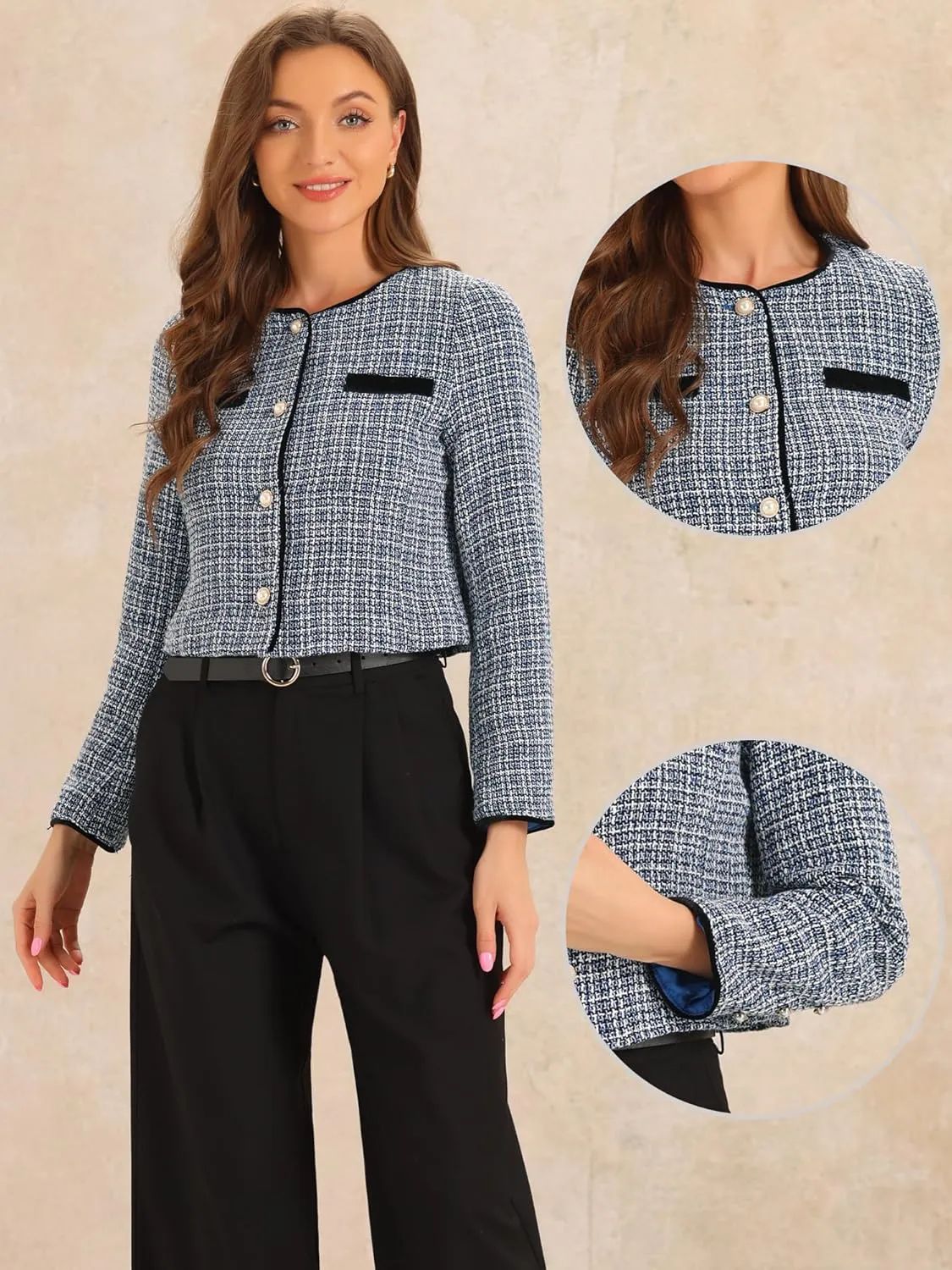 Allegra K Tweed Jacket for Women's Long Sleeve Casual Work Office Plaid Short Outwear