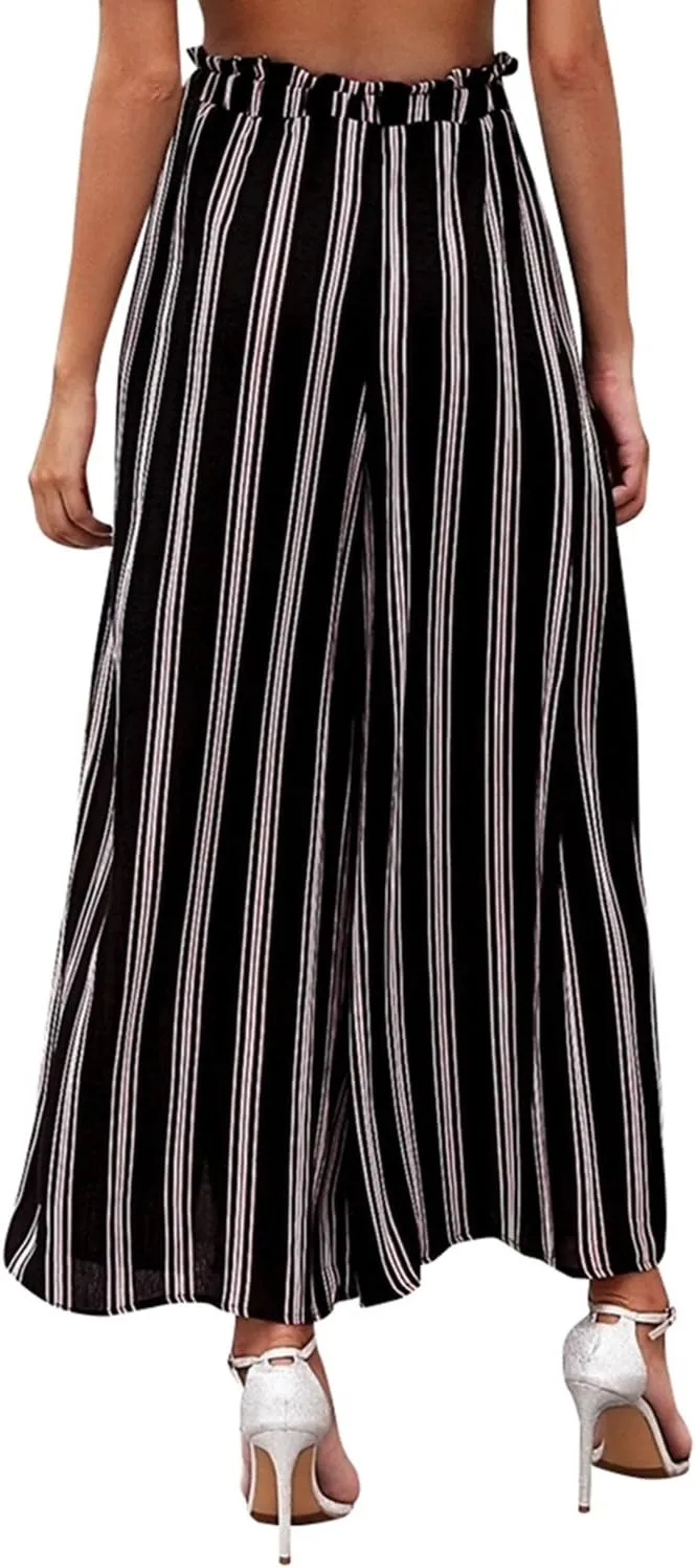BerryGo Women's Boho Linen Flowy High Waisted Pants Elegant Split Stripe Wide Leg Pants