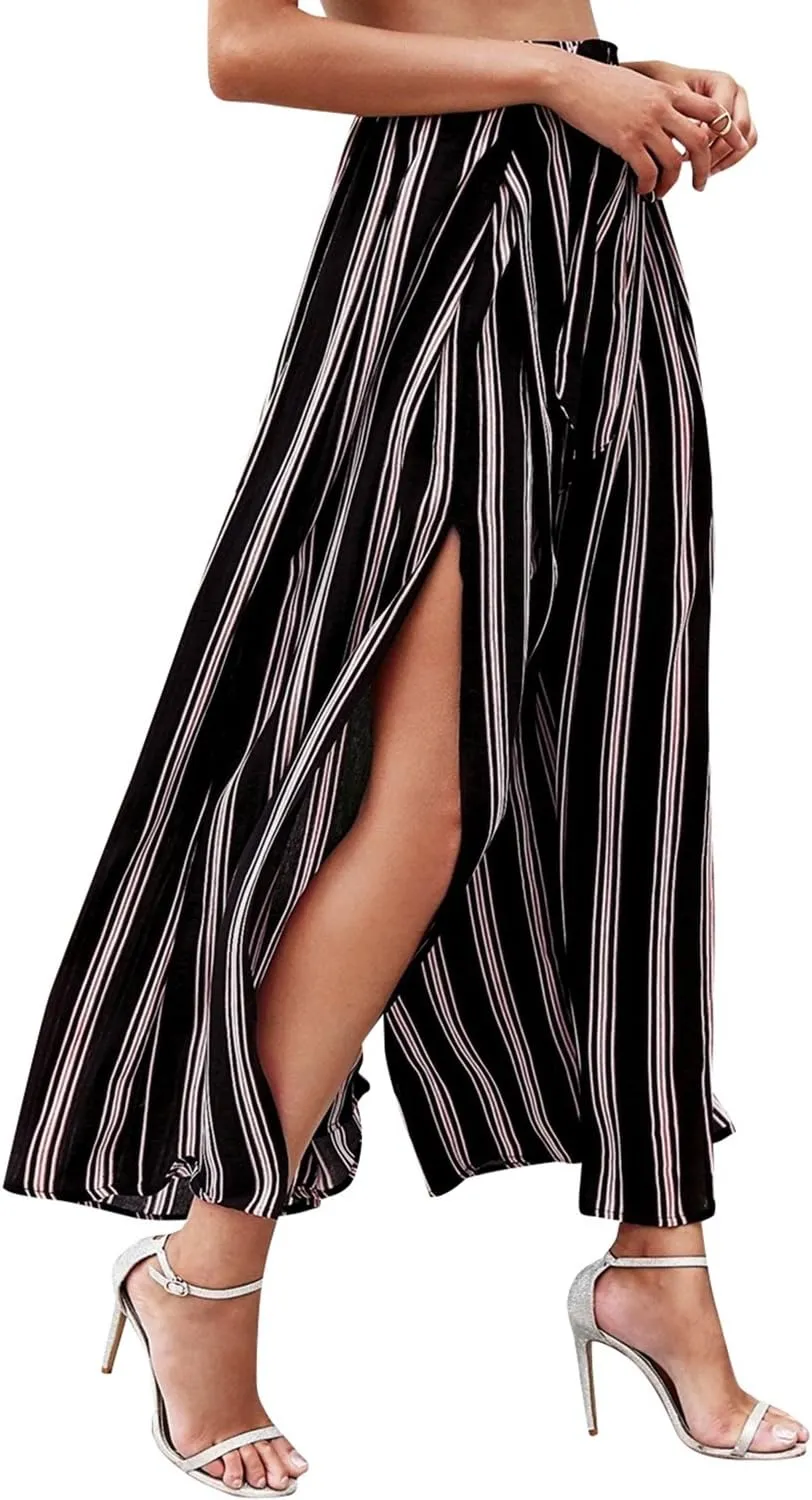BerryGo Women's Boho Linen Flowy High Waisted Pants Elegant Split Stripe Wide Leg Pants