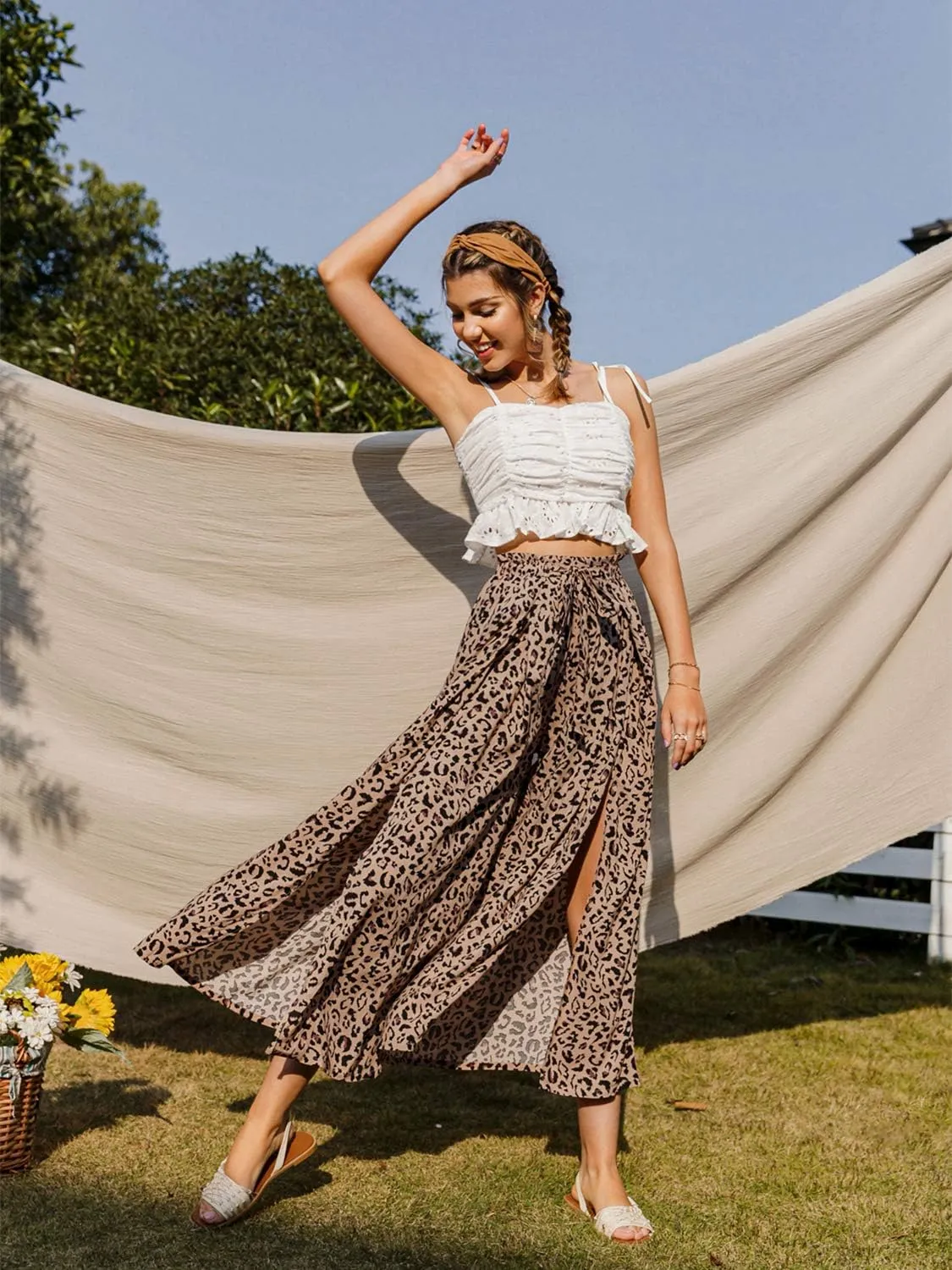 BerryGo Women's Boho Linen Flowy High Waisted Pants Elegant Split Stripe Wide Leg Pants
