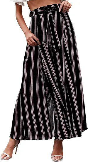 BerryGo Women's Boho Linen Flowy High Waisted Pants Elegant Split Stripe Wide Leg Pants