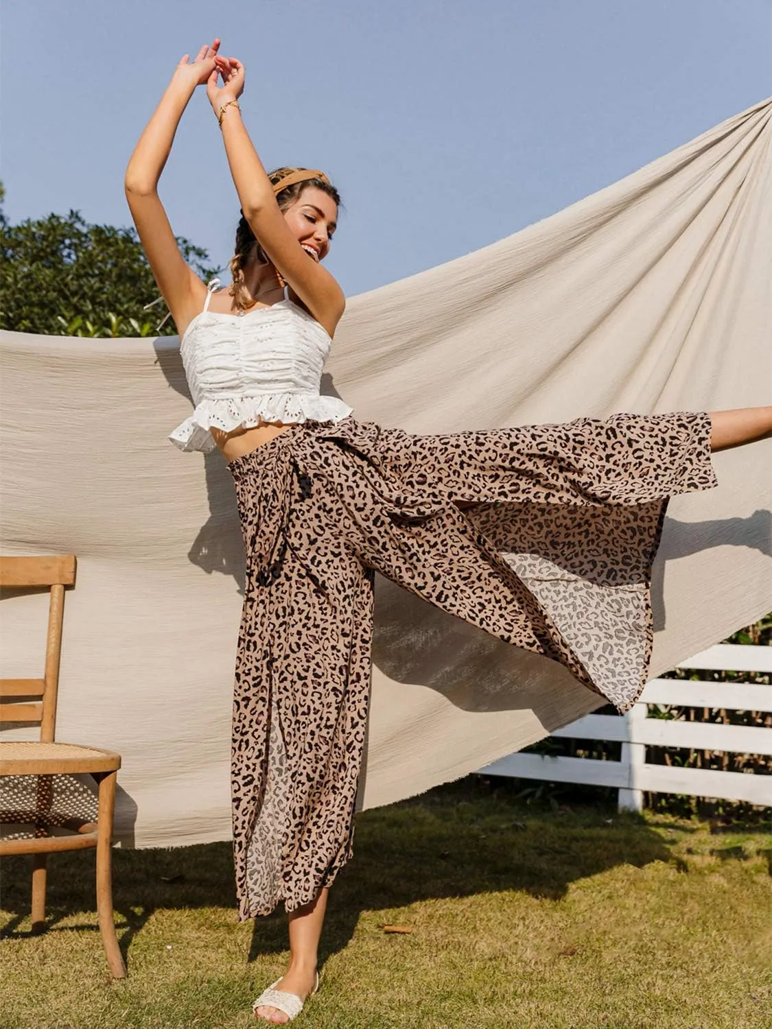 BerryGo Women's Boho Linen Flowy High Waisted Pants Elegant Split Stripe Wide Leg Pants