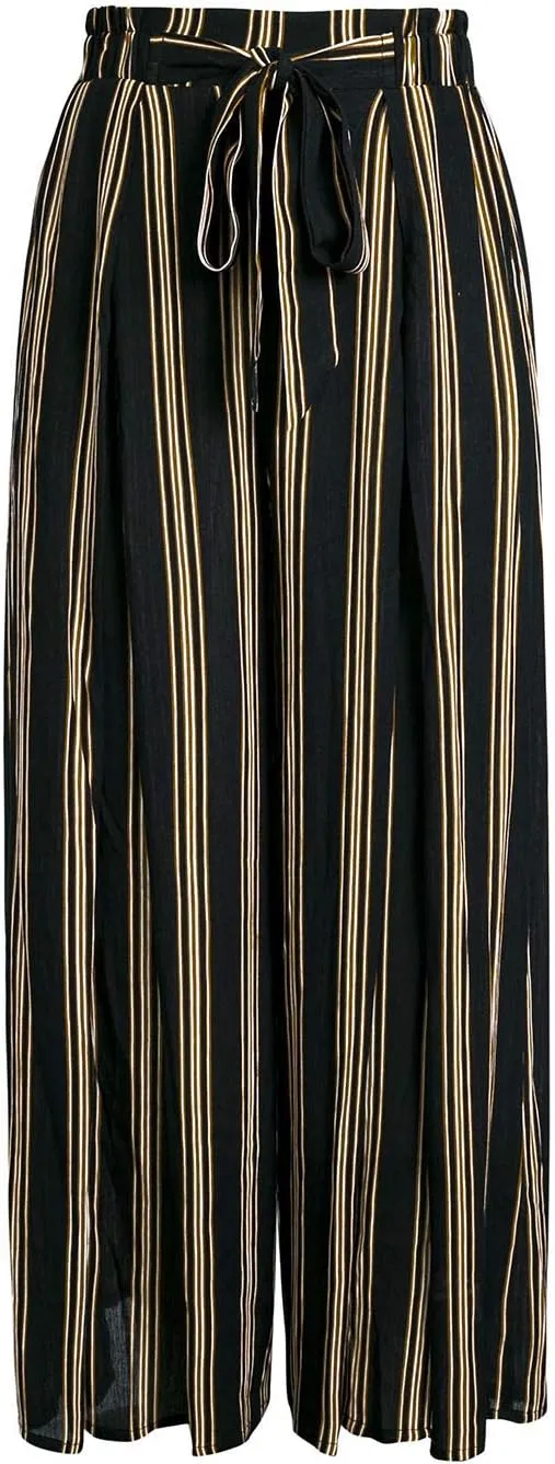 BerryGo Women's Boho Linen Flowy High Waisted Pants Elegant Split Stripe Wide Leg Pants