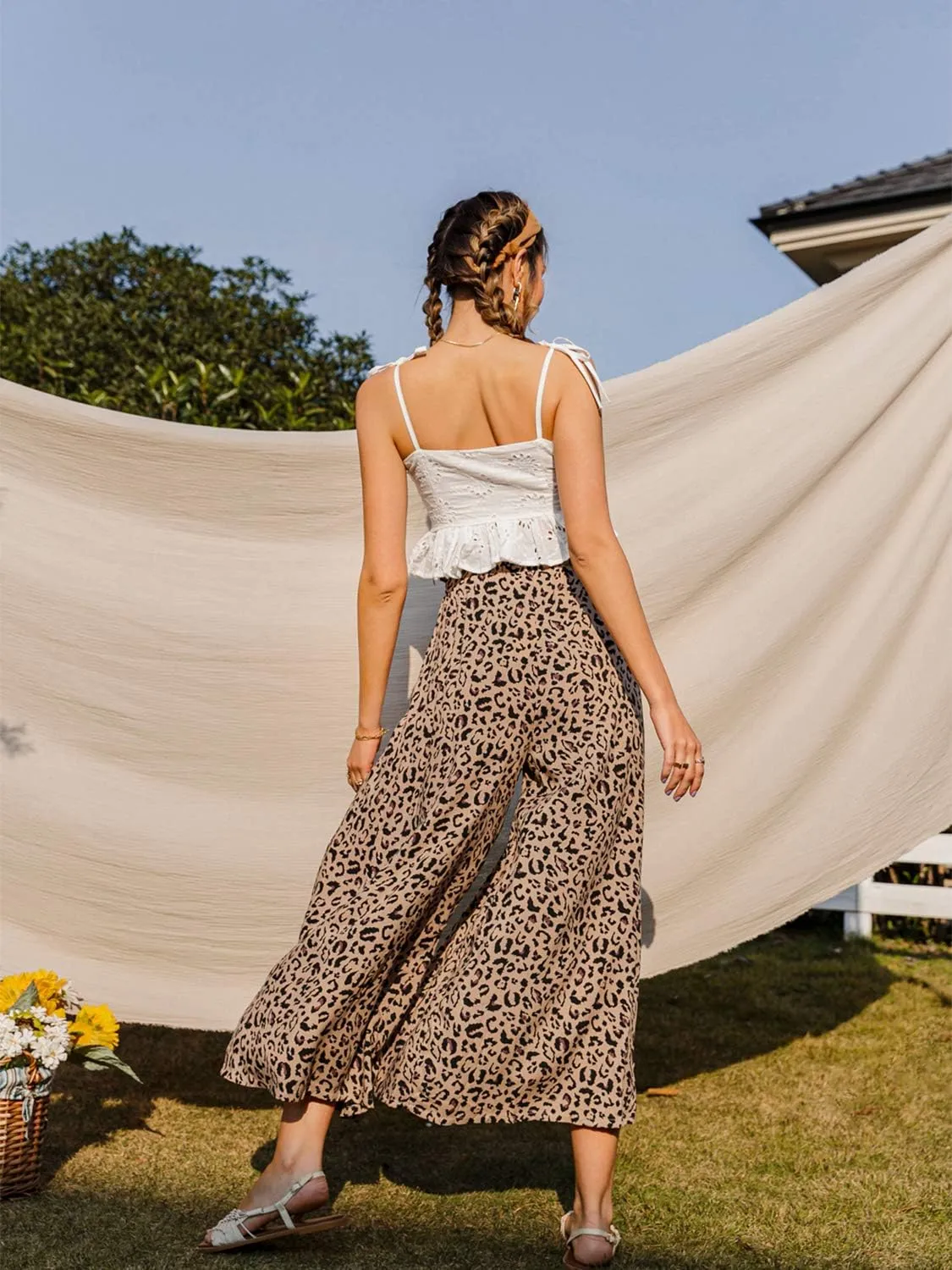 BerryGo Women's Boho Linen Flowy High Waisted Pants Elegant Split Stripe Wide Leg Pants