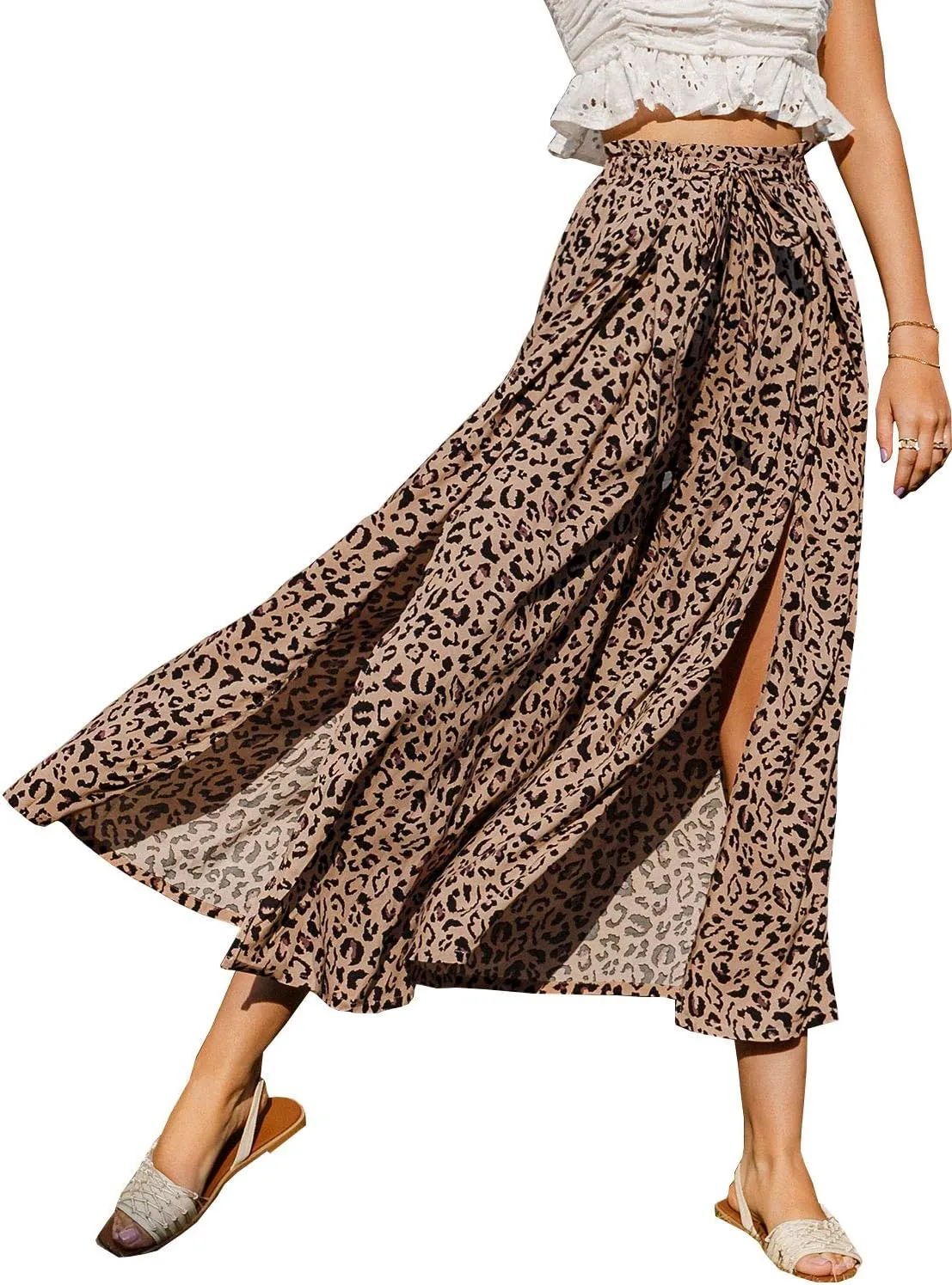 BerryGo Women's Boho Linen Flowy High Waisted Pants Elegant Split Stripe Wide Leg Pants