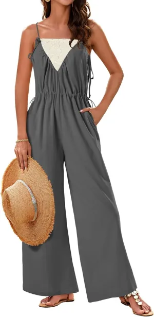BeryLove Women's Long Pants Romper Summer Tie Strap Jumpsuit 2025 with Pockets