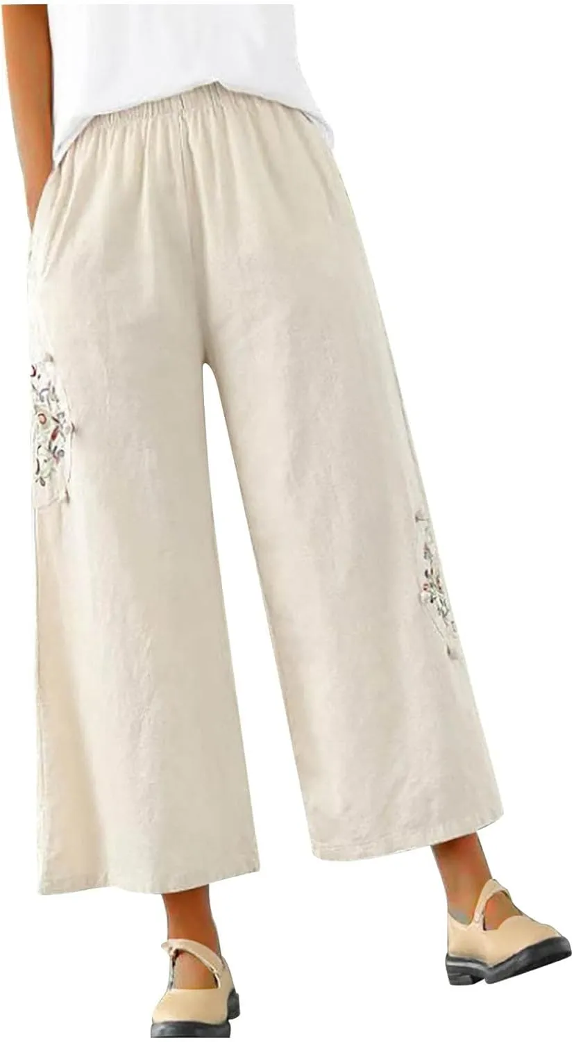 Casual Women's Linen Pants Summer Palazzo High Waisted Pants Wide Leg Slacks Beach Comfy Long Trousers with Pockets