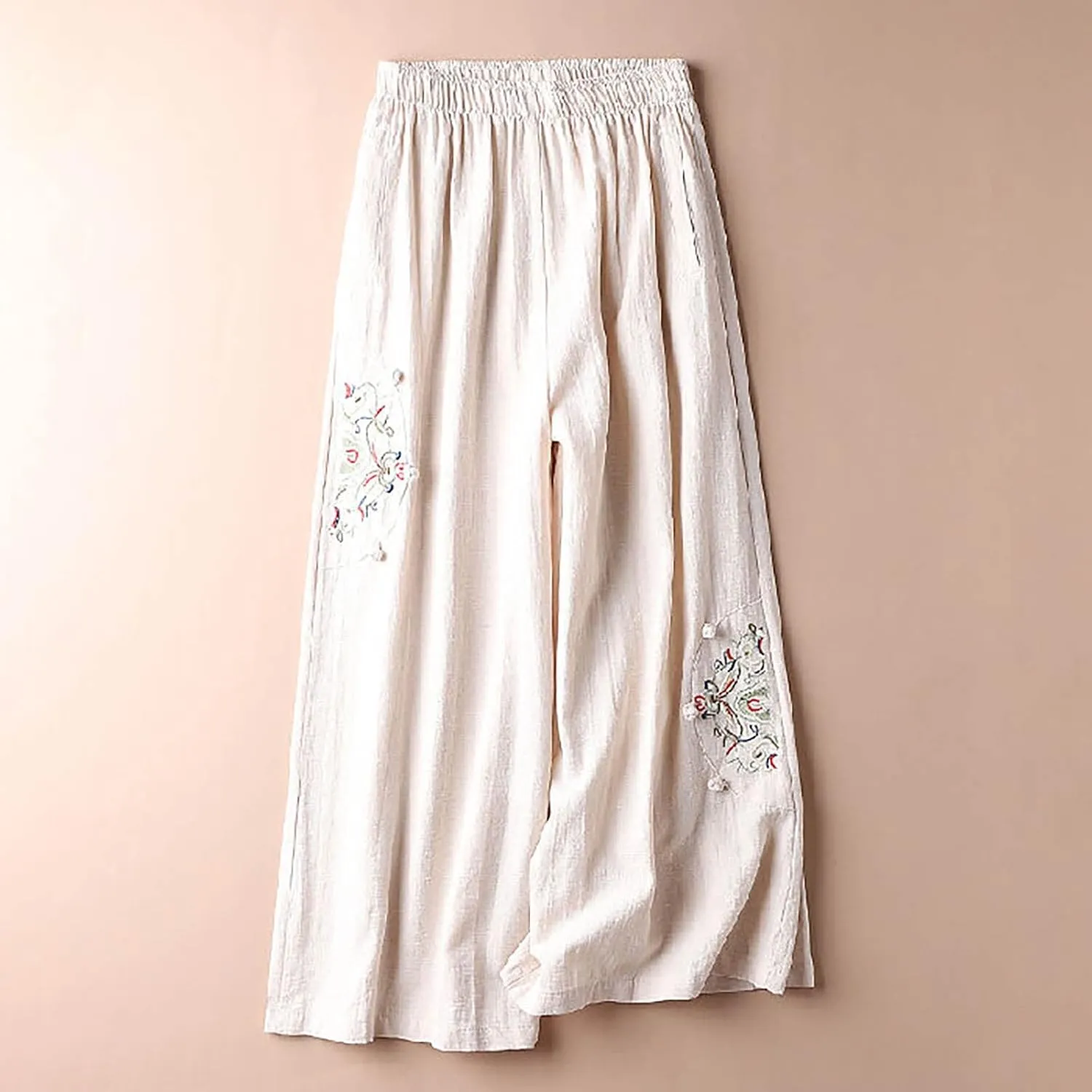 Casual Women's Linen Pants Summer Palazzo High Waisted Pants Wide Leg Slacks Beach Comfy Long Trousers with Pockets