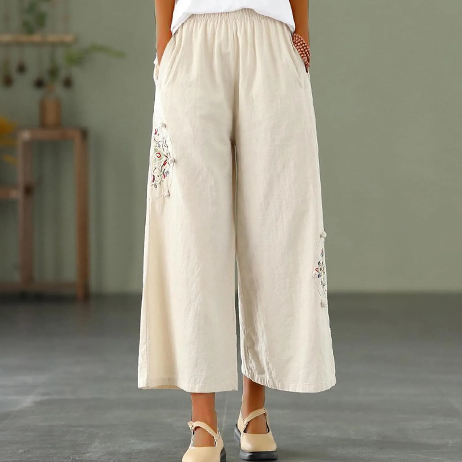 Casual Women's Linen Pants Summer Palazzo High Waisted Pants Wide Leg Slacks Beach Comfy Long Trousers with Pockets
