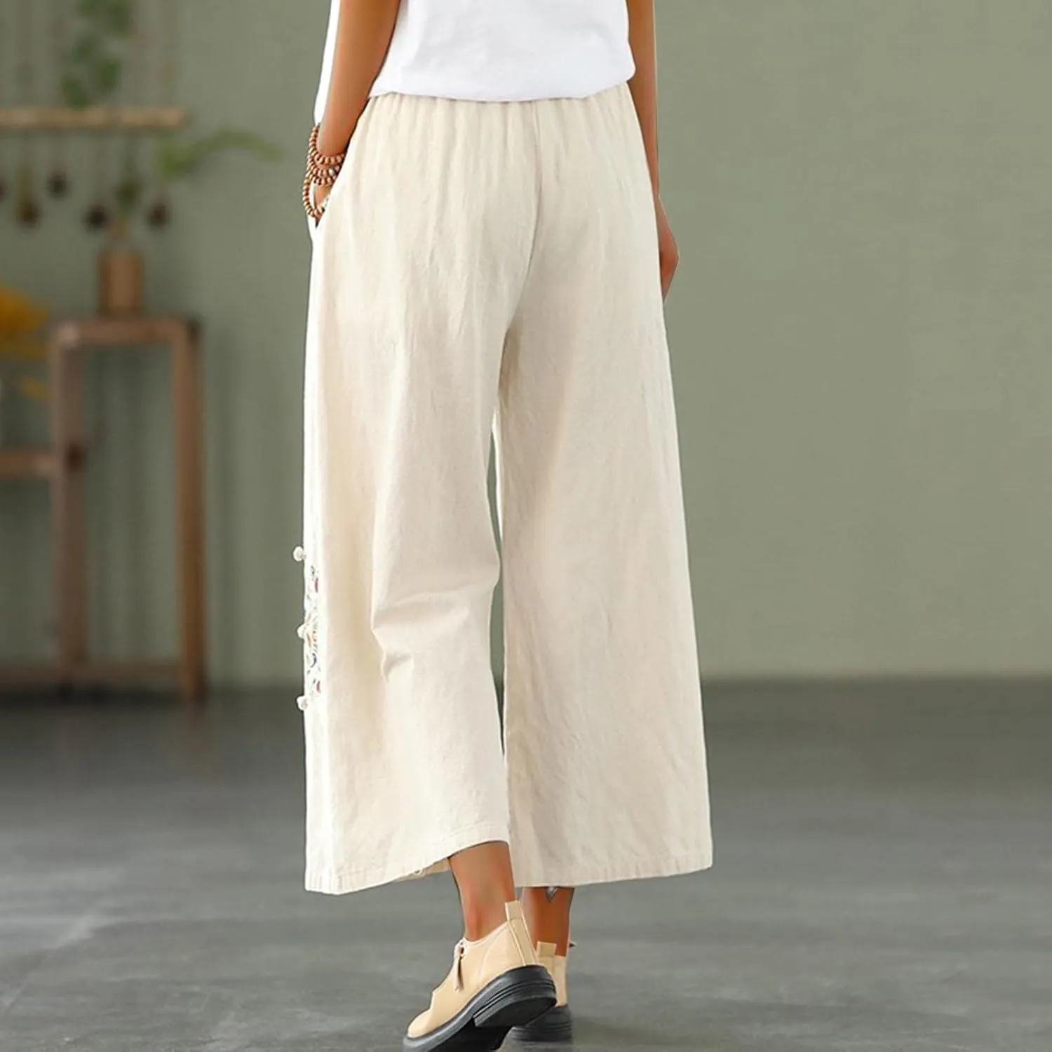 Casual Women's Linen Pants Summer Palazzo High Waisted Pants Wide Leg Slacks Beach Comfy Long Trousers with Pockets