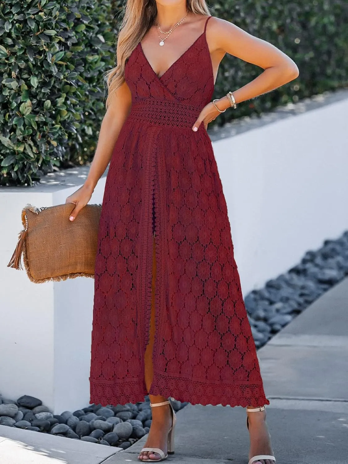 CUPSHE Women's Ruching Smocking Jumpsuit Summer Slip V Neck Backless Maxi High Low