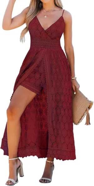 CUPSHE Women's Ruching Smocking Jumpsuit Summer Slip V Neck Backless Maxi High Low