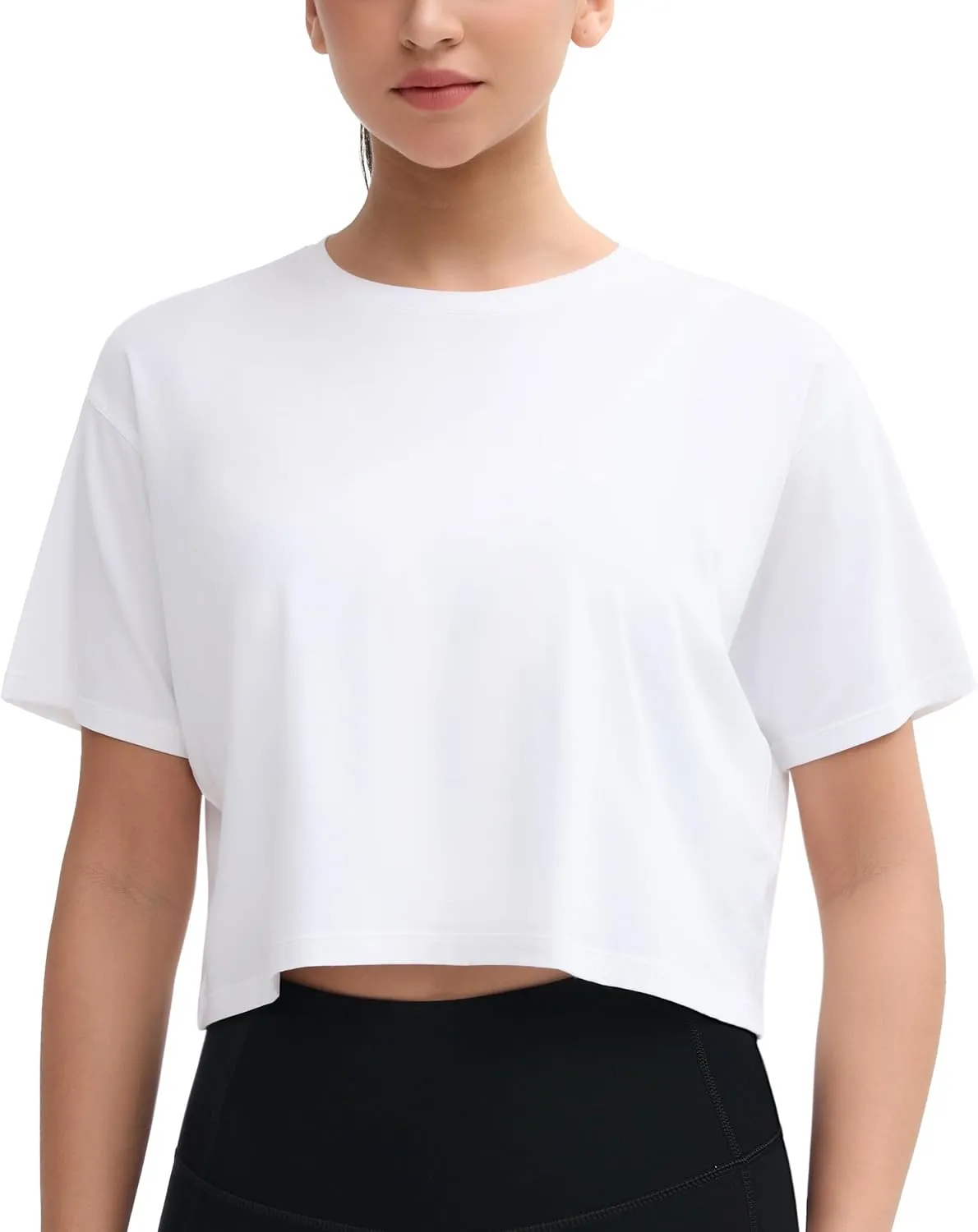 Dragon Fit Loose Workout Crop Tops for Women Summer Cotton Short Sleeve Shirts Basic Crewneck Gym Athletic T-Shirts
