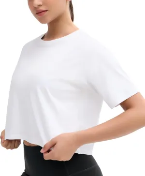 Dragon Fit Loose Workout Crop Tops for Women Summer Cotton Short Sleeve Shirts Basic Crewneck Gym Athletic T-Shirts