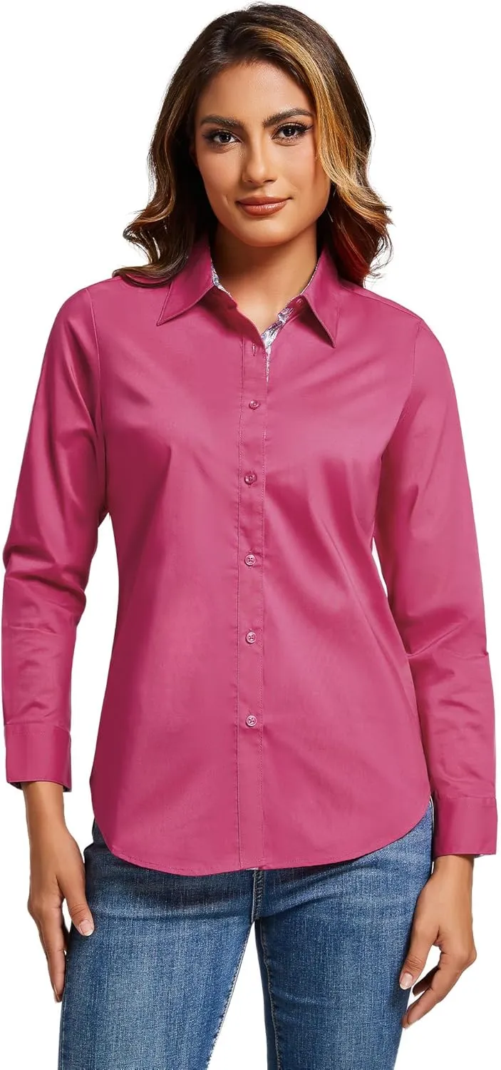 Esabel.C Womens Dress Shirts Cotton Long Sleeve Regular Fit Stretch Button Down Blouse
