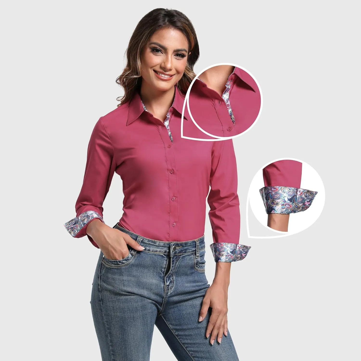 Esabel.C Womens Dress Shirts Cotton Long Sleeve Regular Fit Stretch Button Down Blouse