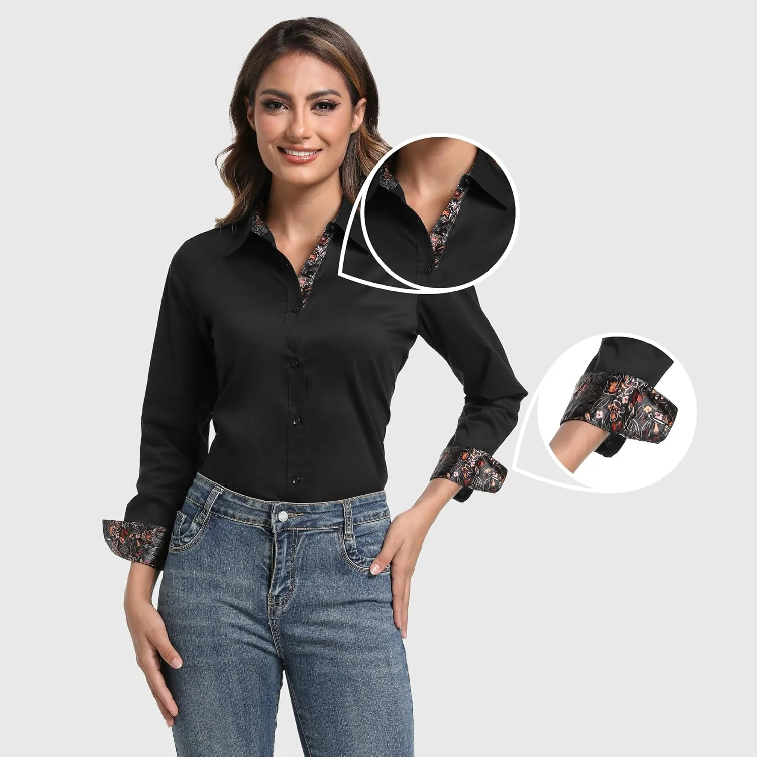 Esabel.C Womens Dress Shirts Cotton Long Sleeve Regular Fit Stretch Button Down Blouse