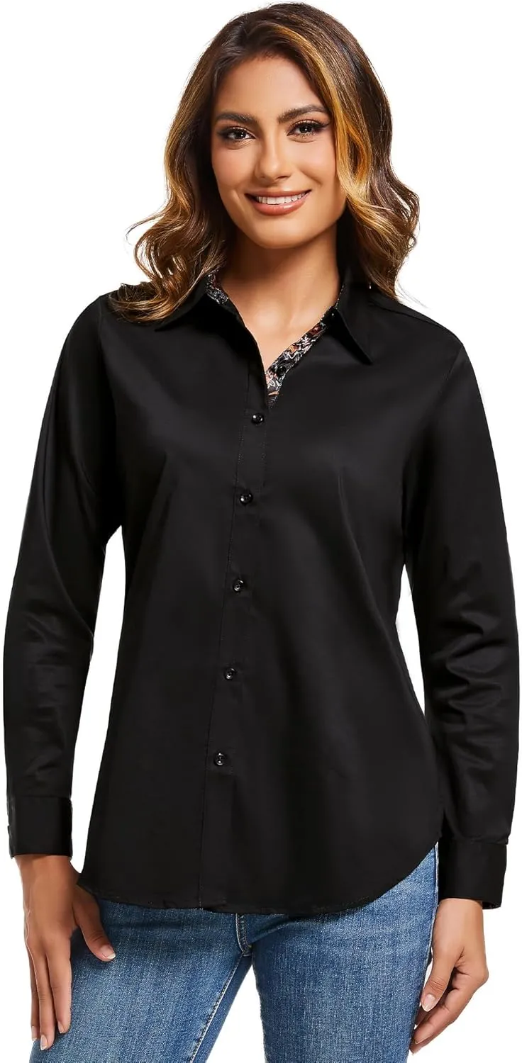 Esabel.C Womens Dress Shirts Cotton Long Sleeve Regular Fit Stretch Button Down Blouse