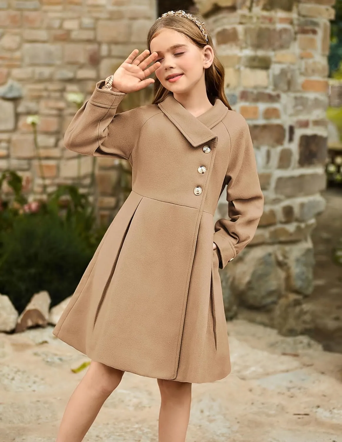 GRACE KARIN Girls Dress Coat Kids Wool Lapel Long Button Jackets Fall Winter Outerwear Peacoat with Pockets 5-12Y
