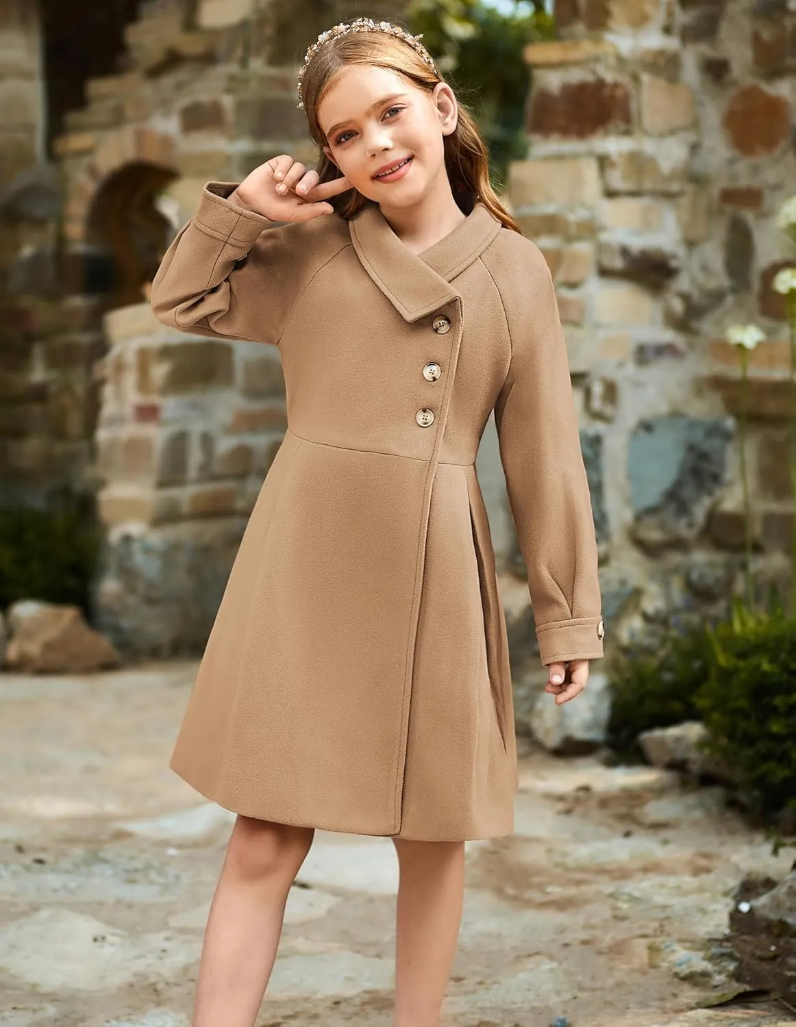 GRACE KARIN Girls Dress Coat Kids Wool Lapel Long Button Jackets Fall Winter Outerwear Peacoat with Pockets 5-12Y