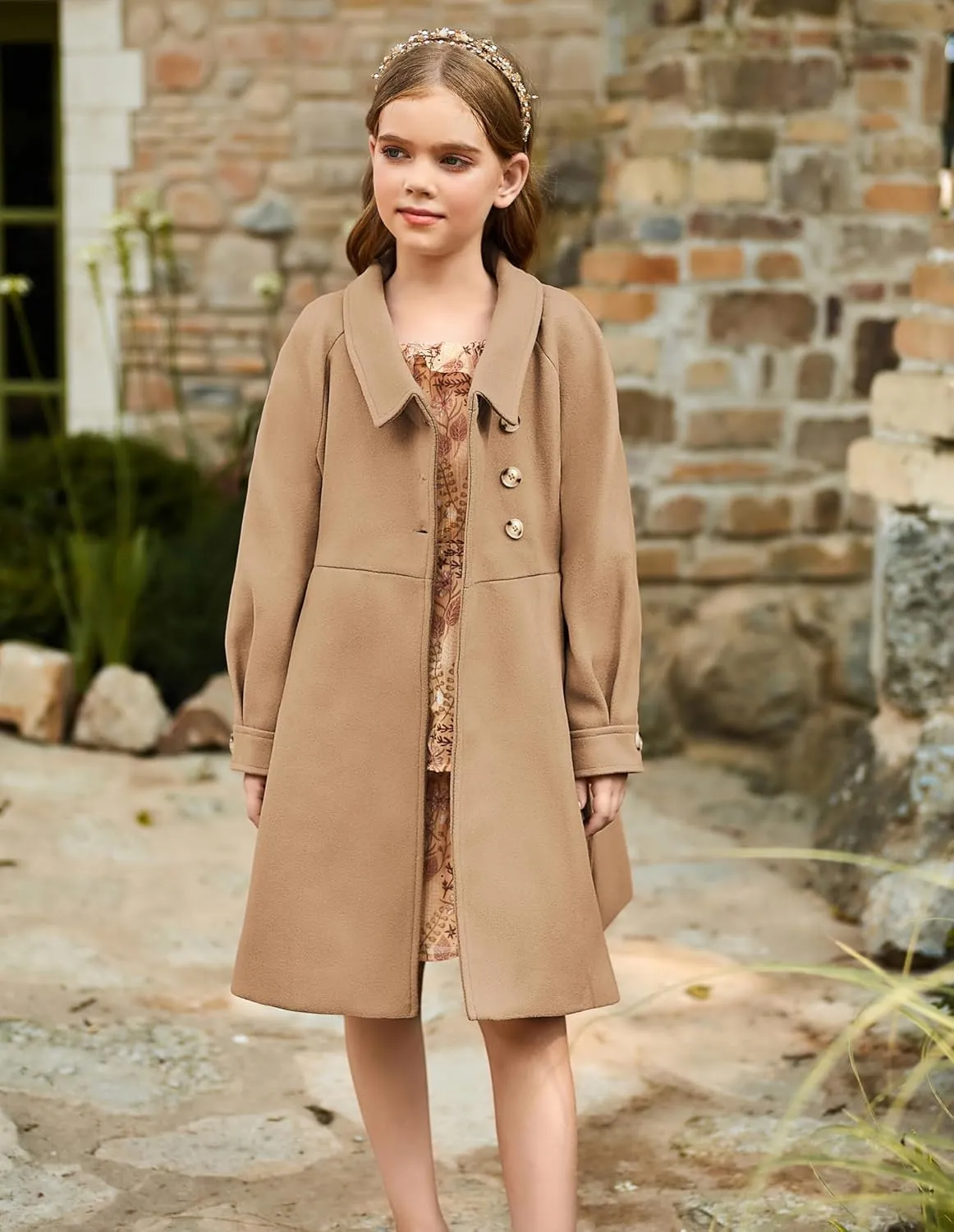 GRACE KARIN Girls Dress Coat Kids Wool Lapel Long Button Jackets Fall Winter Outerwear Peacoat with Pockets 5-12Y