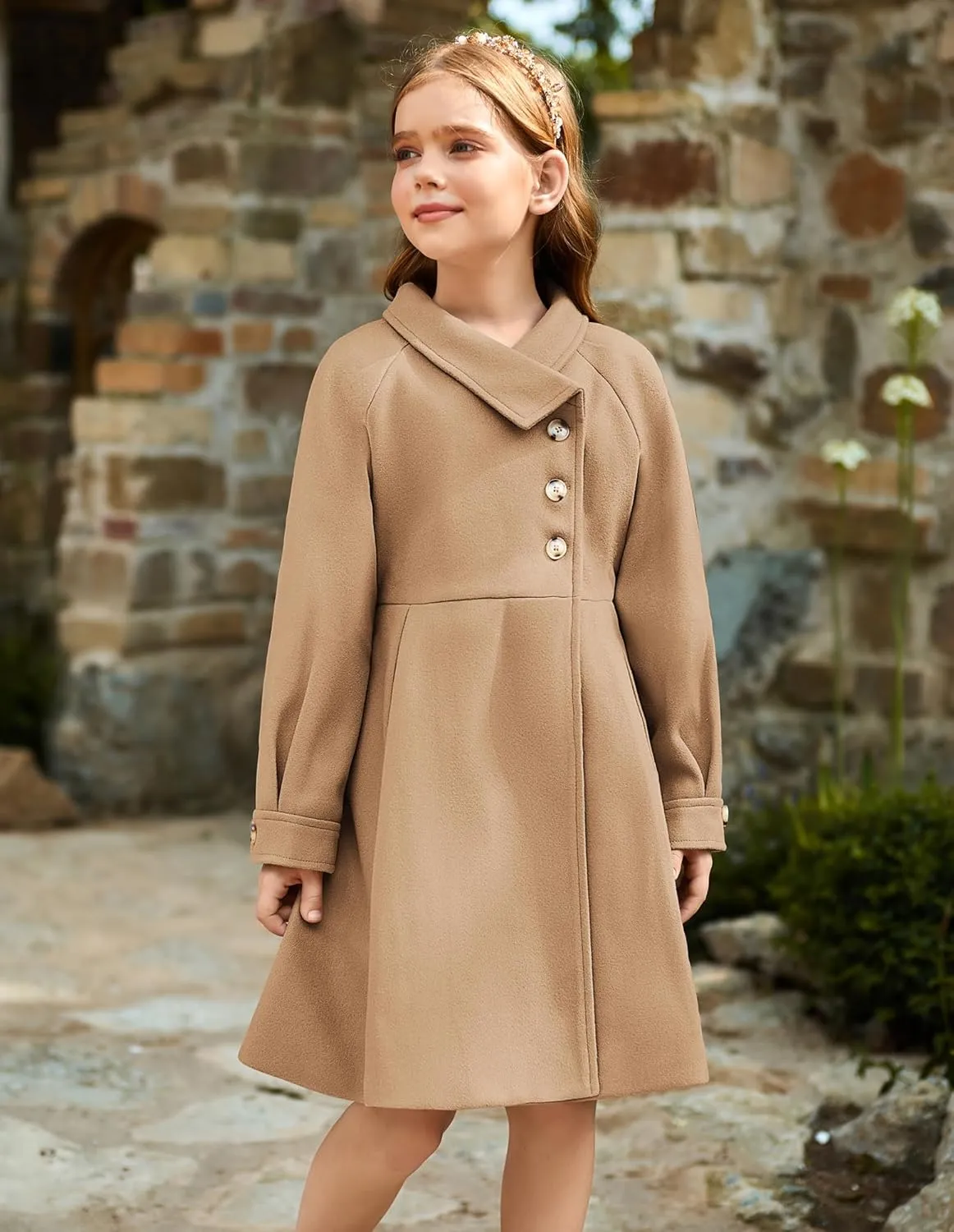 GRACE KARIN Girls Dress Coat Kids Wool Lapel Long Button Jackets Fall Winter Outerwear Peacoat with Pockets 5-12Y