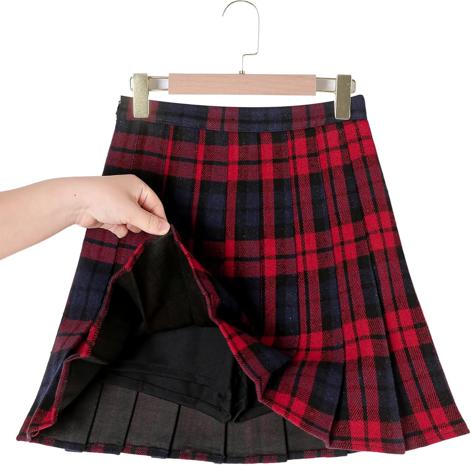Hoerev Women Girls Thick Wool Fabric for Cold Weather Versatile Plaid Pleated Skirt with Shorts