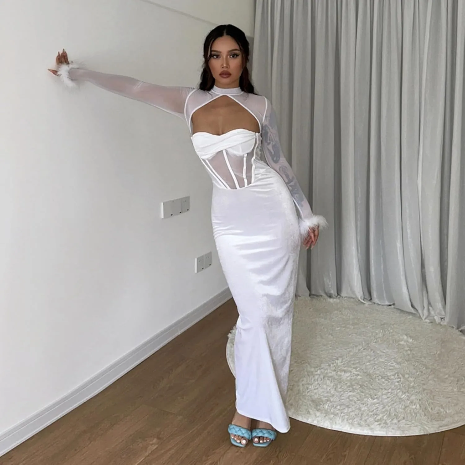 JUMISEE Women Elegant Velvet Corset Maxi Dress Evening Gown Sexy Sheer Mesh Long Sleeve Feather Cuff Cocktail Party Dress