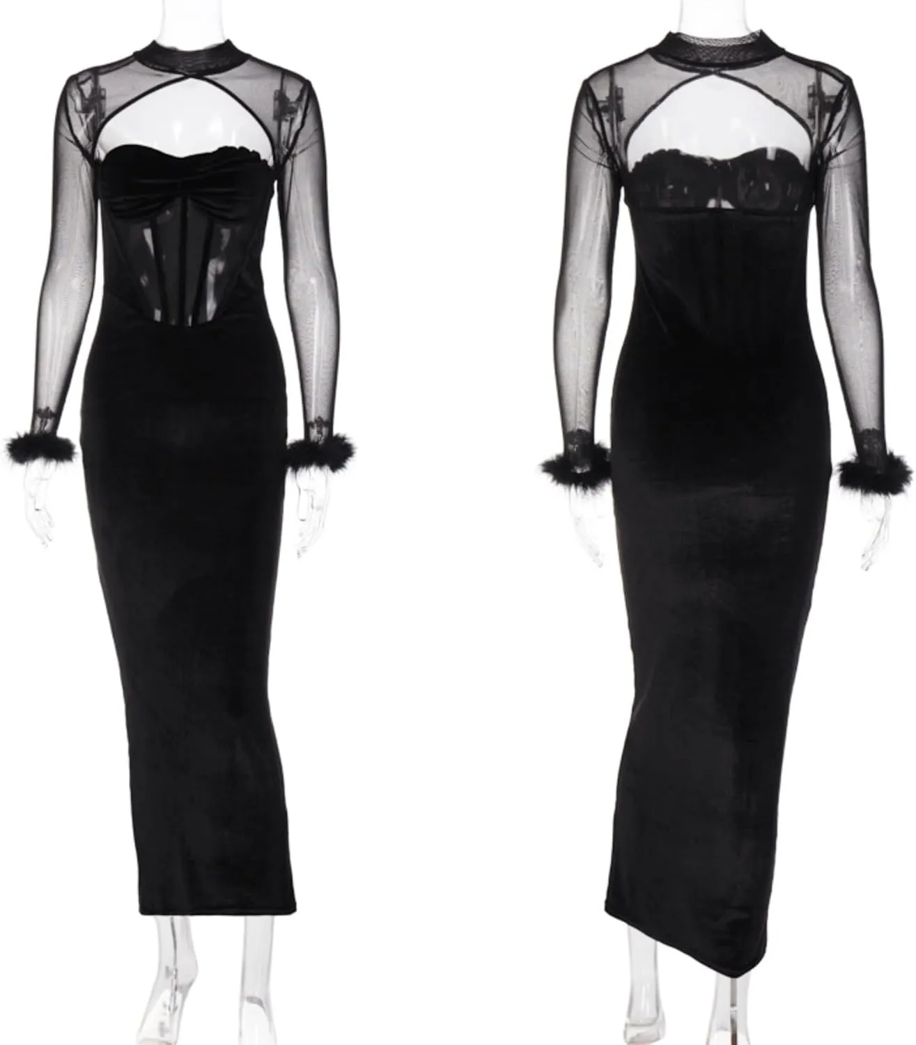 JUMISEE Women Elegant Velvet Corset Maxi Dress Evening Gown Sexy Sheer Mesh Long Sleeve Feather Cuff Cocktail Party Dress