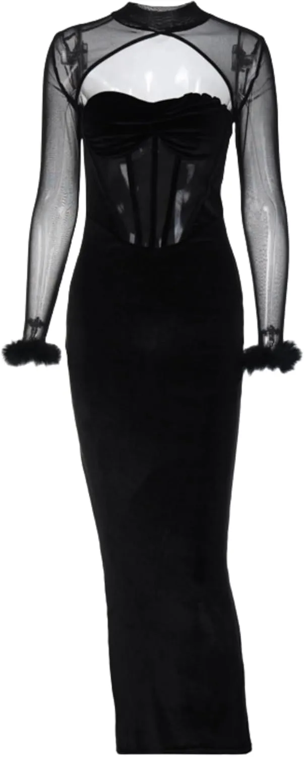 JUMISEE Women Elegant Velvet Corset Maxi Dress Evening Gown Sexy Sheer Mesh Long Sleeve Feather Cuff Cocktail Party Dress