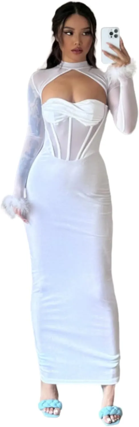 JUMISEE Women Elegant Velvet Corset Maxi Dress Evening Gown Sexy Sheer Mesh Long Sleeve Feather Cuff Cocktail Party Dress