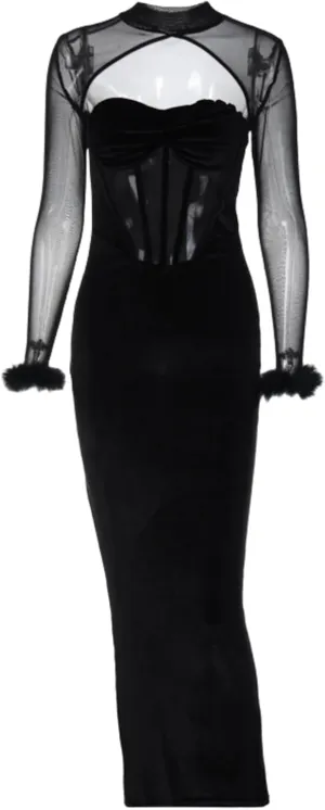 JUMISEE Women Elegant Velvet Corset Maxi Dress Evening Gown Sexy Sheer Mesh Long Sleeve Feather Cuff Cocktail Party Dress