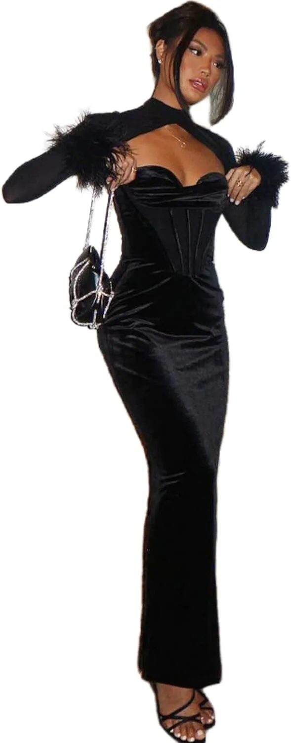 JUMISEE Women Elegant Velvet Corset Maxi Dress Evening Gown Sexy Sheer Mesh Long Sleeve Feather Cuff Cocktail Party Dress