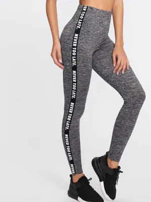 Letter Print Side Marled Knit Leggings