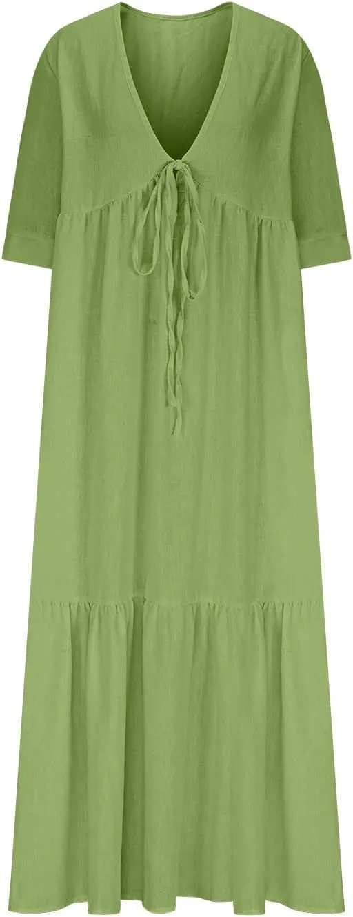 Linen Dresses for Women 2025 Trendy V Neck Front Tie Flowy Maxi Dress Elegant 3/4 Sleeves Solid Color Long Sundress