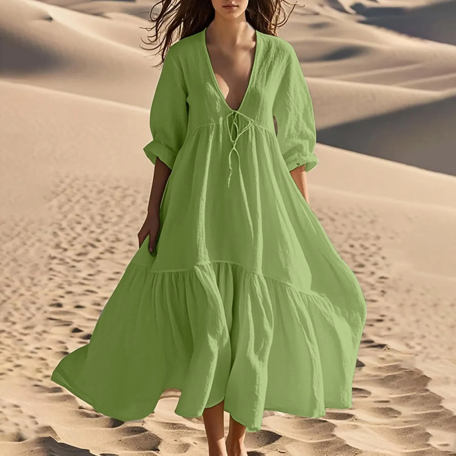 Linen Dresses for Women 2025 Trendy V Neck Front Tie Flowy Maxi Dress Elegant 3/4 Sleeves Solid Color Long Sundress