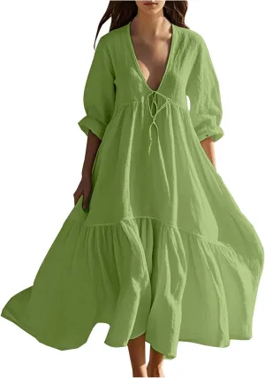 Linen Dresses for Women 2025 Trendy V Neck Front Tie Flowy Maxi Dress Elegant 3/4 Sleeves Solid Color Long Sundress