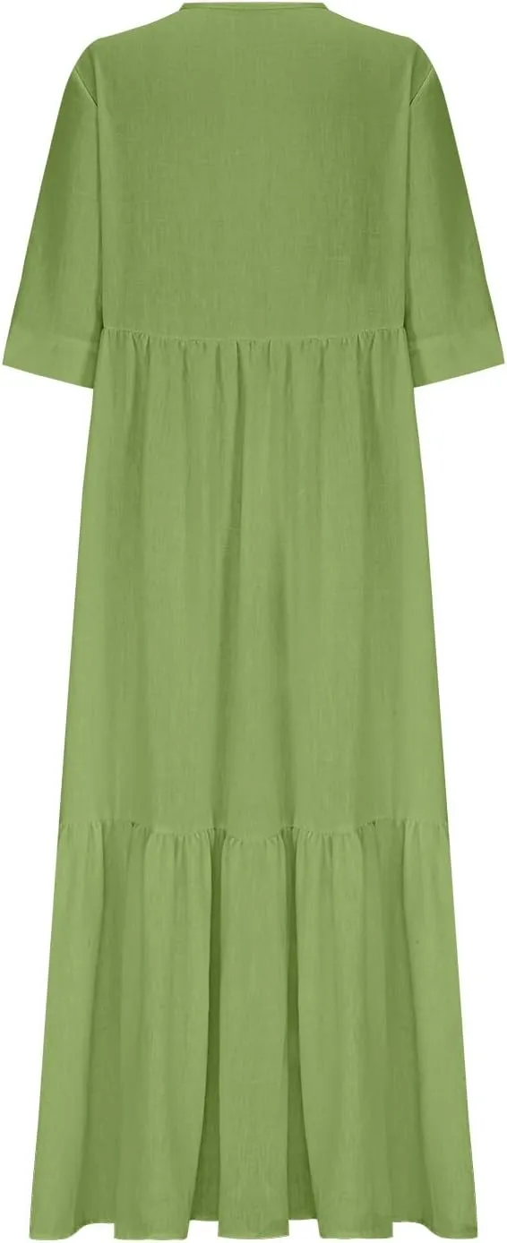 Linen Dresses for Women 2025 Trendy V Neck Front Tie Flowy Maxi Dress Elegant 3/4 Sleeves Solid Color Long Sundress