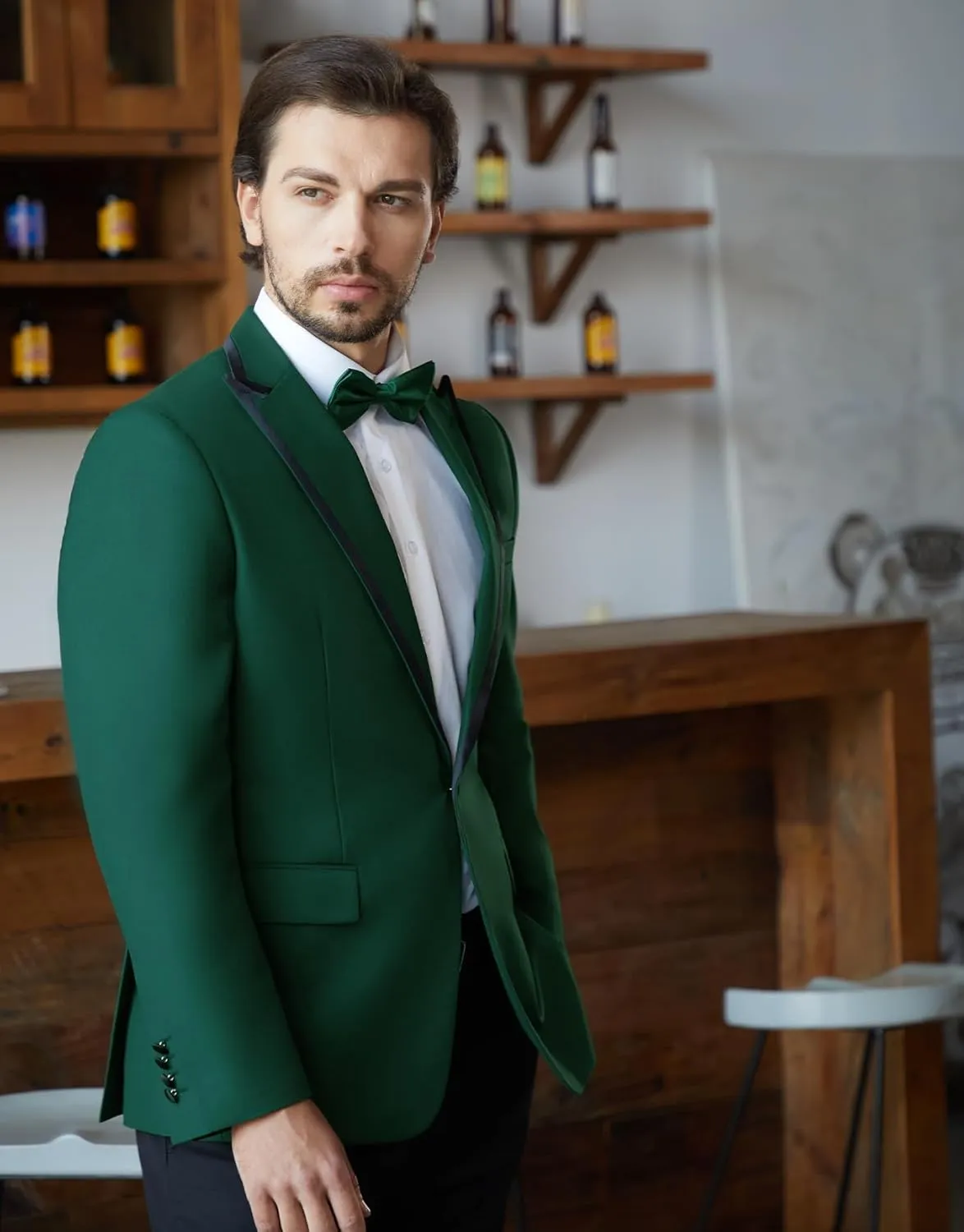MAGE MALE Mens Blazer Slim Fit Suit Jacket Peak Lapel Business Lightweight One Button Sport Coat with Bow Tie