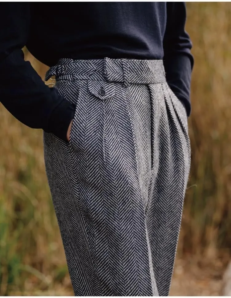 Men's High Waisted Tweed Dress Pants Pleated Front Vintage Wool Trousers