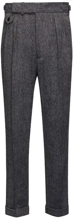Men's High Waisted Tweed Dress Pants Pleated Front Vintage Wool Trousers